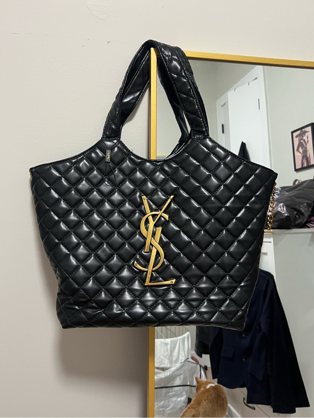 YSL Black Quilted Leather Tote with Gold YSL Emblem
